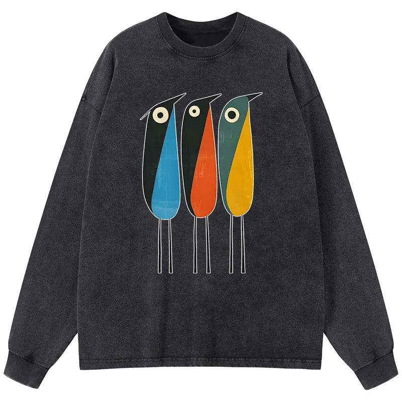 Tokyo-Tiger Bold Shape Birds Washed Long Sleeve T-Shirt