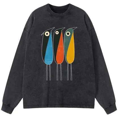 Tokyo-Tiger Bold Shape Birds Washed Long Sleeve T-Shirt