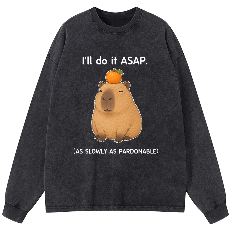 Tokyo-Tiger Slow Task Capybara Meme Washed Long Sleeve T-Shirt