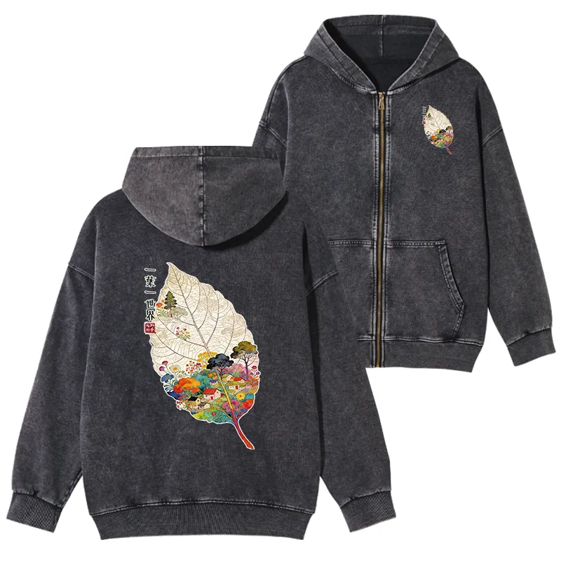 Tokyo-Tiger One Leaf Holds A Tiny Colorful World Washed Zip Hoodie