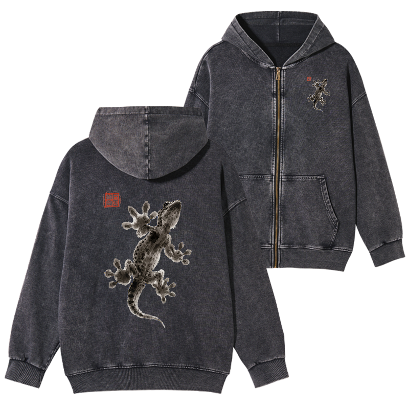 Tokyo-Tiger Minimal Asian Ink Brush Gecko Vibe Washed Zip Hoodie