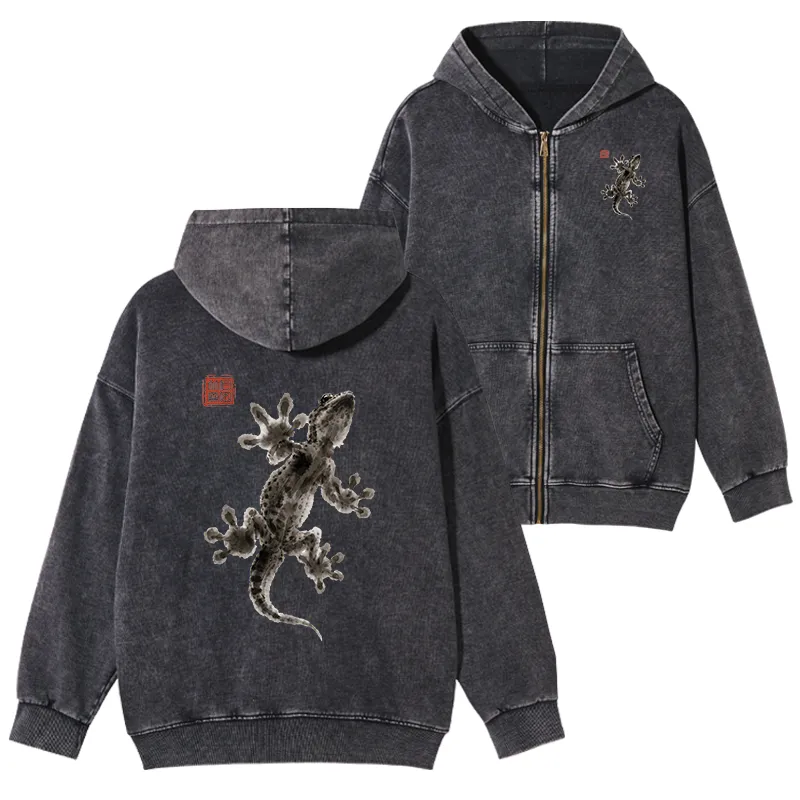 Tokyo-Tiger Minimal Asian Ink Brush Gecko Vibe Washed Zip Hoodie