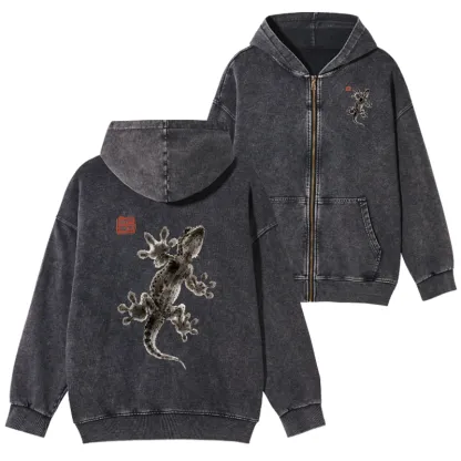 Tokyo-Tiger Minimal Asian Ink Brush Gecko Vibe Washed Zip Hoodie