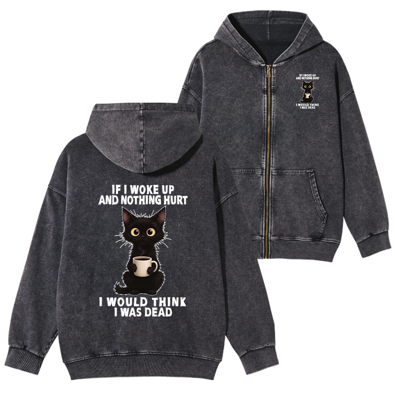 Tokyo-Tiger Funny Cute Black Cat And Coffee Meme Washed Zip Hoodie