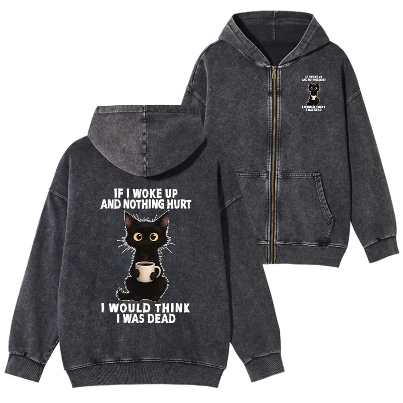 Tokyo-Tiger Funny Cute Black Cat And Coffee Meme Washed Zip Hoodie