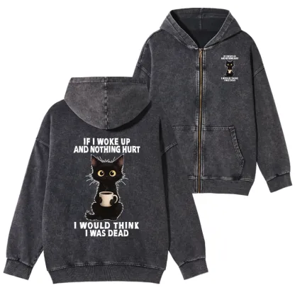 Tokyo-Tiger Funny Cute Black Cat And Coffee Meme Washed Zip Hoodie