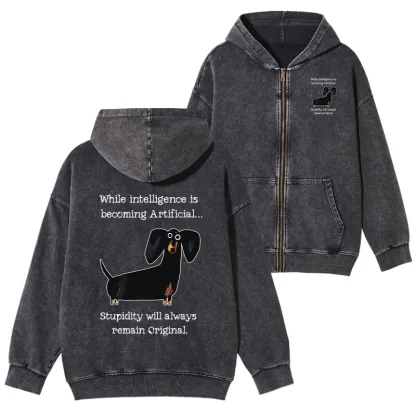 Tokyo-Tiger Dachshund Real Humor Funny Meme Washed Zip Hoodie