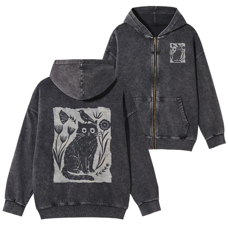 Tokyo-Tiger Folk Paper Cut Cat Bird Floral Art Washed Zip Hoodie