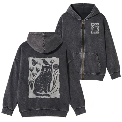Tokyo-Tiger Folk Paper Cut Cat Bird Floral Art Washed Zip Hoodie