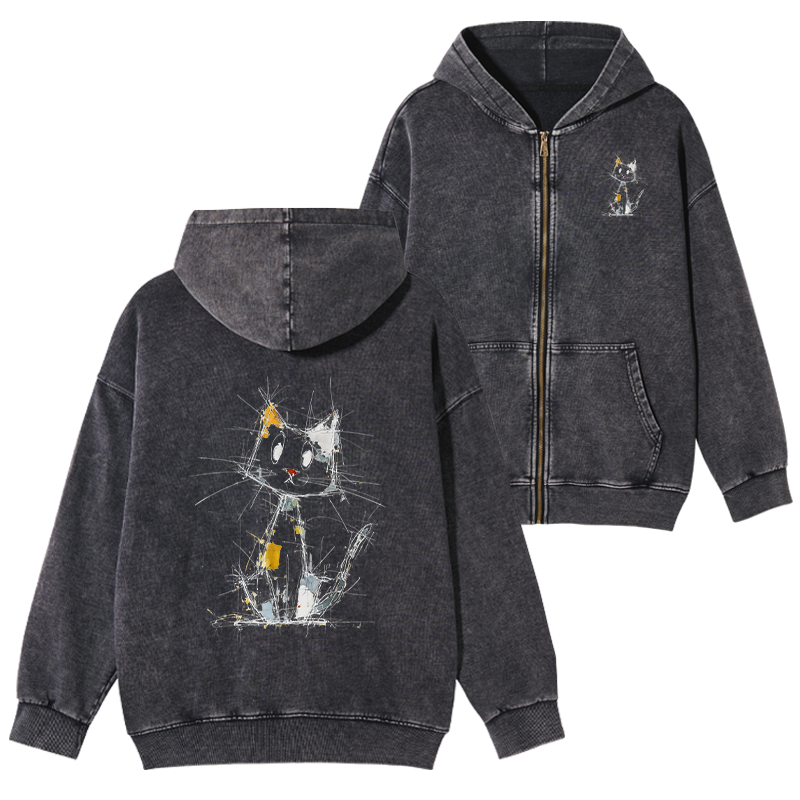 Tokyo-Tiger Minimal Splash Ink Cute Cat Washed Zip Hoodie