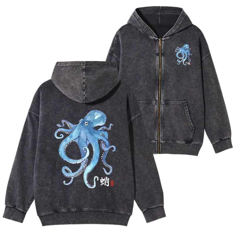Tokyo-Tiger Watercolor Blue Octopus Washed Zip Hoodie