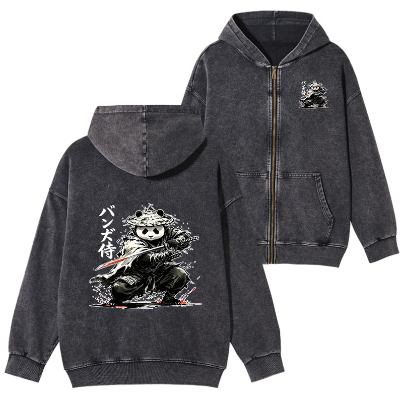 Tokyo-Tiger Panda Samurai Warrior Washed Zip Hoodie
