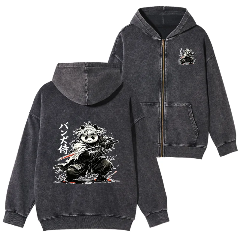 Tokyo-Tiger Panda Samurai Warrior Washed Zip Hoodie
