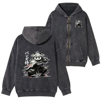 Tokyo-Tiger Panda Samurai Warrior Washed Zip Hoodie