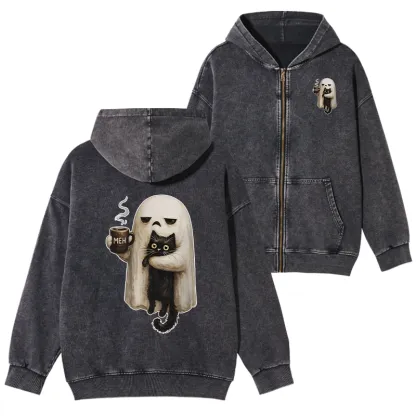 Tokyo-Tiger Ghost Cat Coffee Mood Washed Zip Hoodie