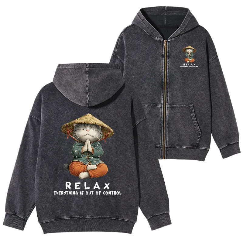 Tokyo-Tiger Zen Relax Cat Graphic Washed Zip Hoodie