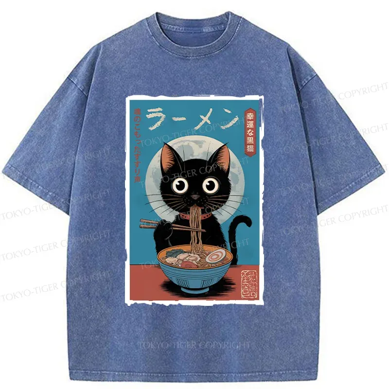 Tokyo-Tiger Black Cat Eating Delicious Ramen Washed T-Shirt