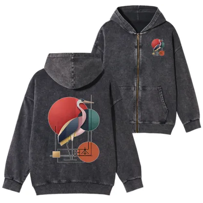 Tokyo-Tiger Geometric Crane Art Washed Zip Hoodie