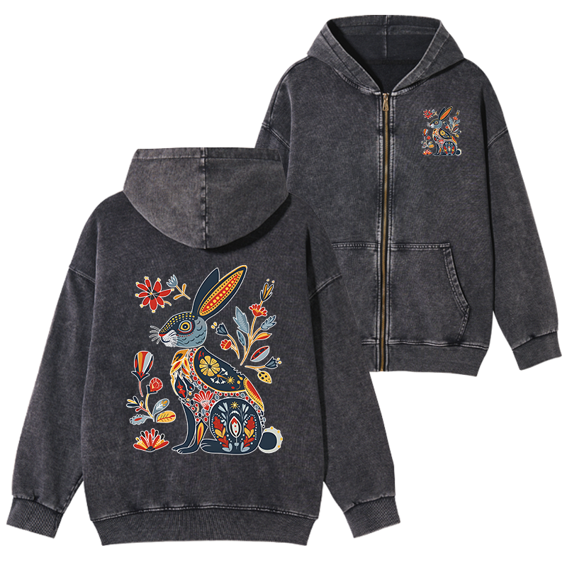 Tokyo-Tiger Folk Hare Bloom Washed Zip Hoodie