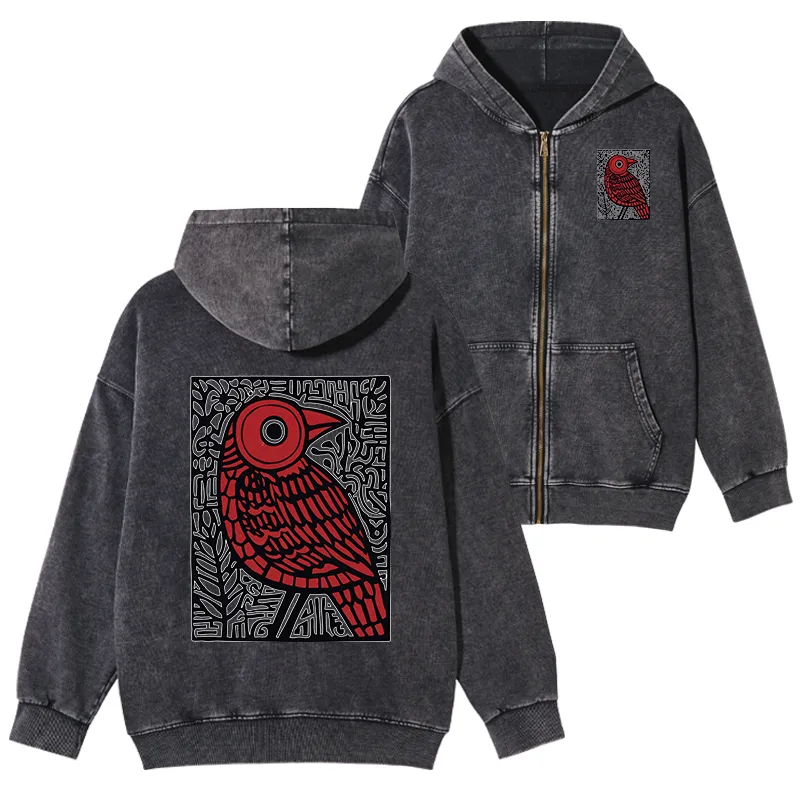 Tokyo-Tiger Retro Woodblock Bird Washed Zip Hoodie