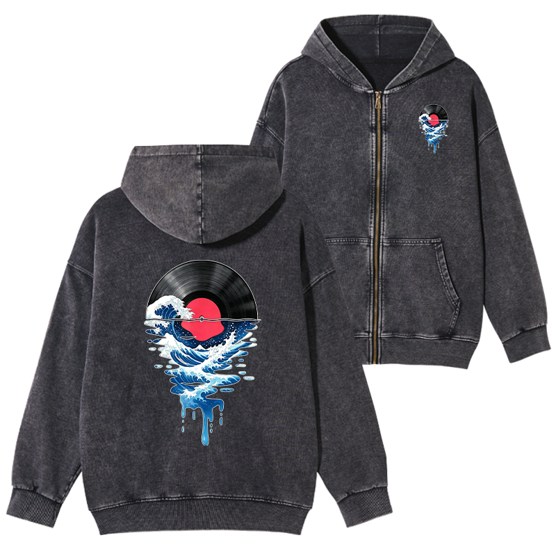 Tokyo-Tiger Vinyl Records And Waves Washed Zip Hoodie
