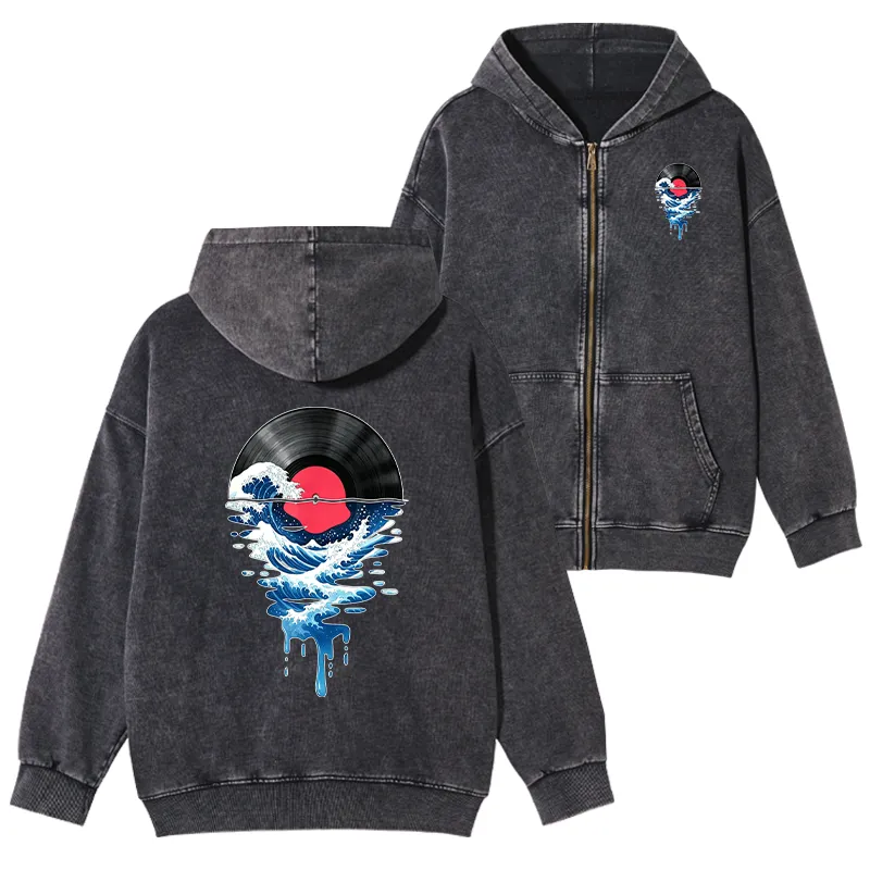 Tokyo-Tiger Vinyl Records And Waves Washed Zip Hoodie
