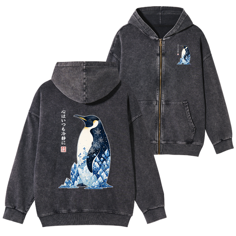 Tokyo-Tiger Keep Calm Penguin Washed Zip Hoodie