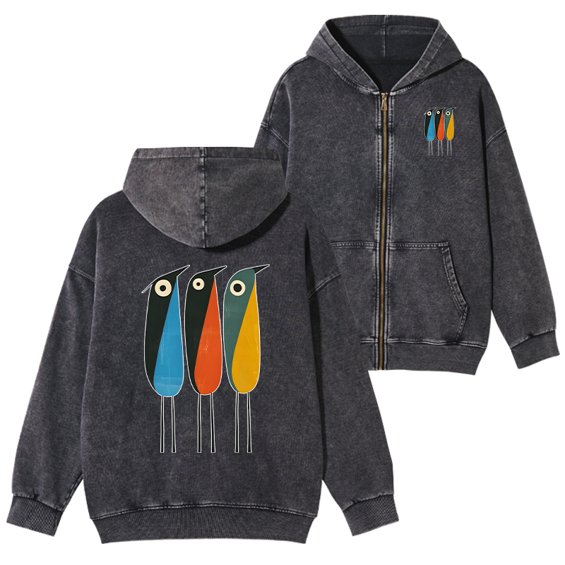 Tokyo-Tiger Bold Shape Birds Washed Zip Hoodie