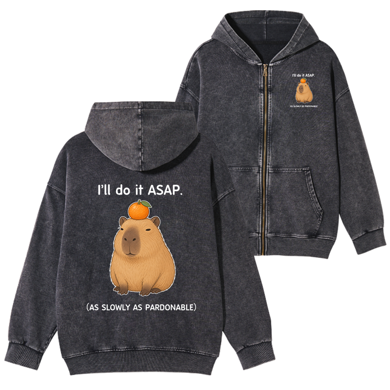 Tokyo-Tiger Slow Task Capybara Meme Washed Zip Hoodie
