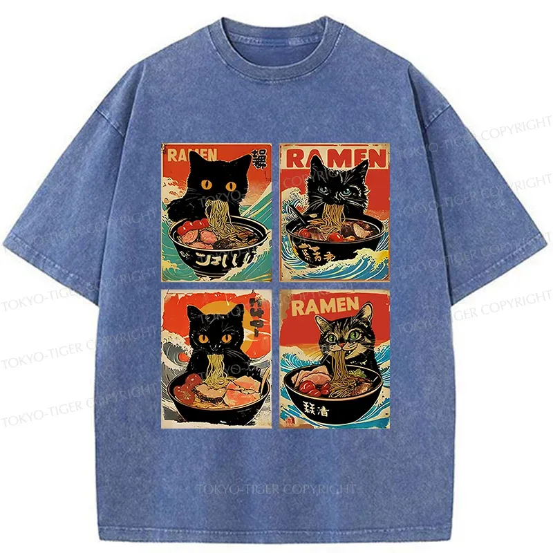 Tokyo-Tiger Four Cats Eating Ramen Washed T-Shirt
