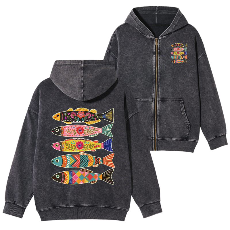 Tokyo-Tiger Colorful Patterned Fish Washed Zip Hoodie