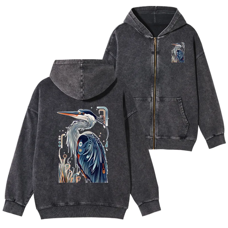 Tokyo-Tiger Stylish Blue Heron Washed Zip Hoodie