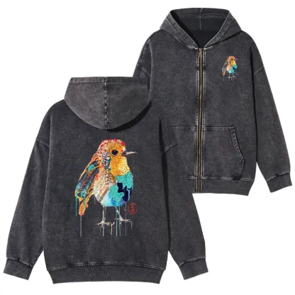 Tokyo-Tiger Sparkly Wild Bird Washed Zip Hoodie