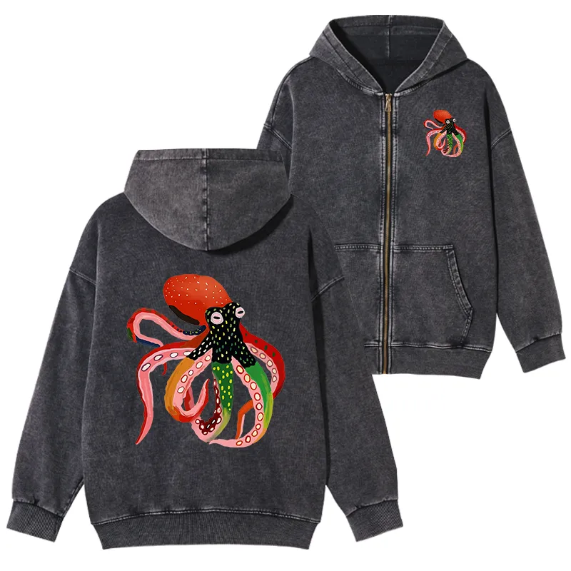 Tokyo-Tiger Colorful Octopus Art Washed Zip Hoodie