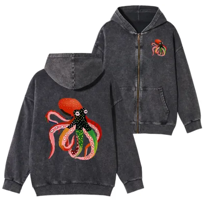 Tokyo-Tiger Colorful Octopus Art Washed Zip Hoodie