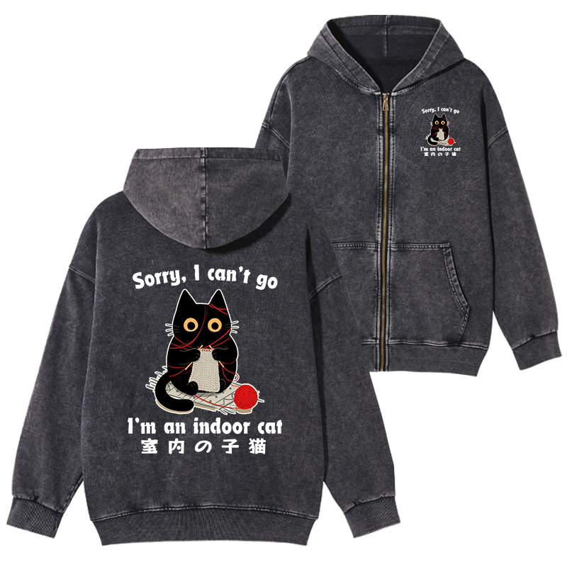 Tokyo-Tiger Indoor Cat Meme Washed Zip Hoodie