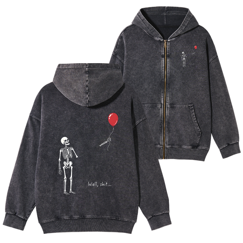 Tokyo-Tiger Skeleton Balloon Meme Washed Zip Hoodie