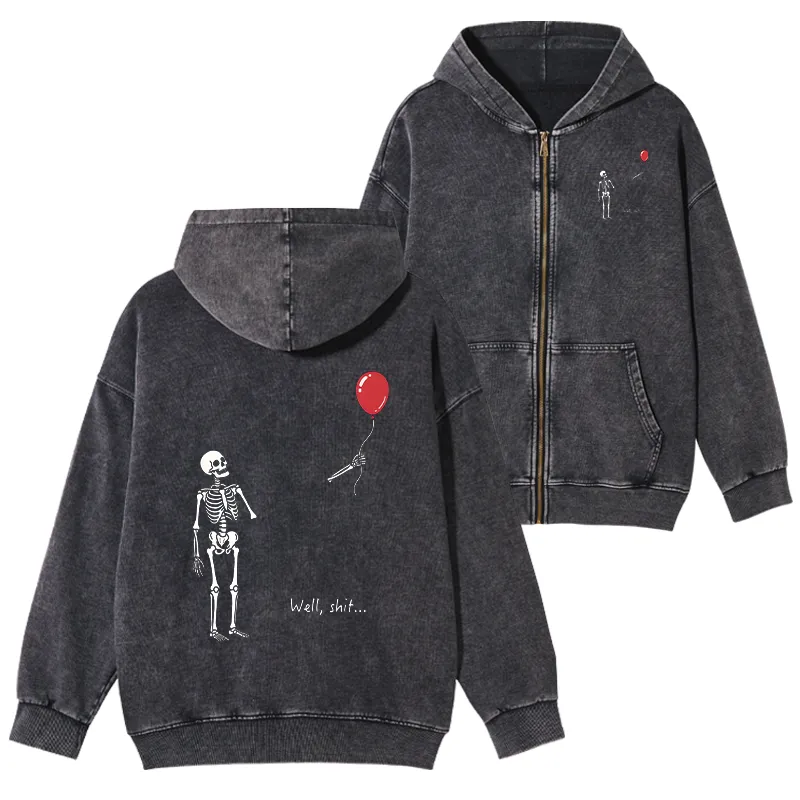 Tokyo-Tiger Skeleton Balloon Meme Washed Zip Hoodie