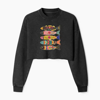 Tokyo-Tiger Colorful Patterned Fish Washed Crop Sweatshirt