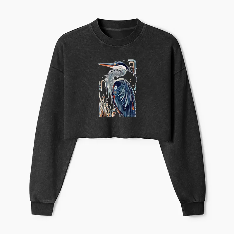 Tokyo-Tiger Stylish Blue Heron Washed Crop Sweatshirt