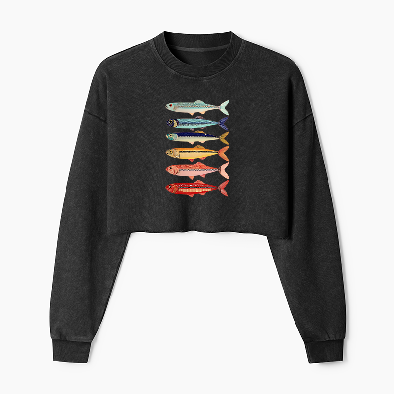 Tokyo-Tiger Colorful Fish Stack Washed Crop Sweatshirt