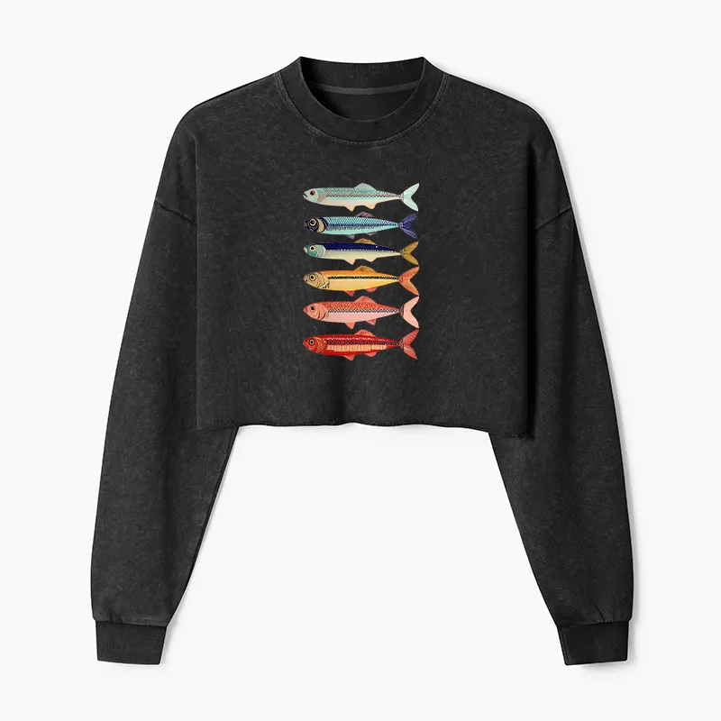 Tokyo-Tiger Colorful Fish Stack Washed Crop Sweatshirt