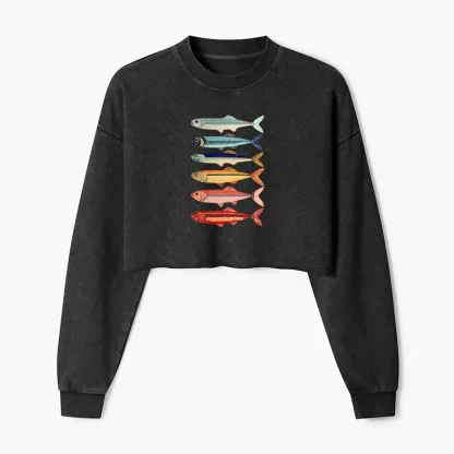 Tokyo-Tiger Colorful Fish Stack Washed Crop Sweatshirt