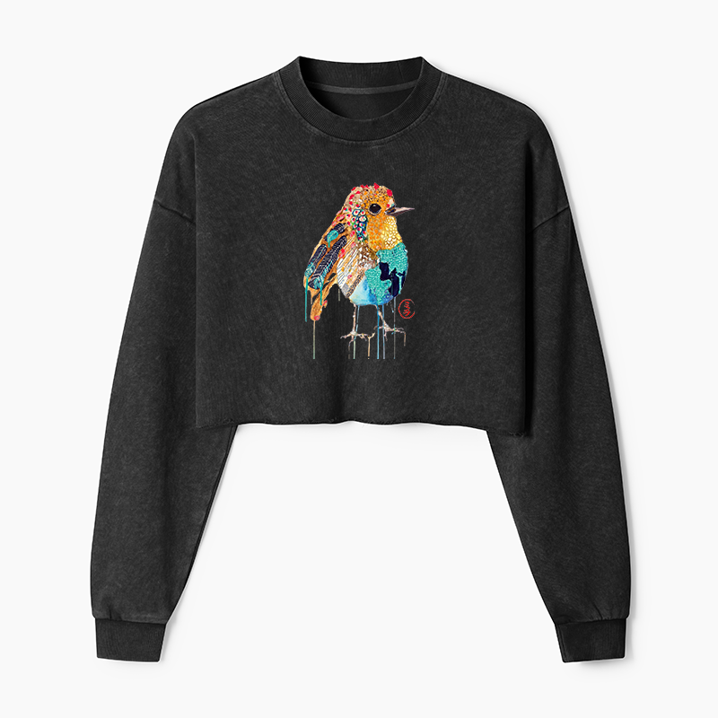 Tokyo-Tiger Sparkly Wild Bird Washed Crop Sweatshirt