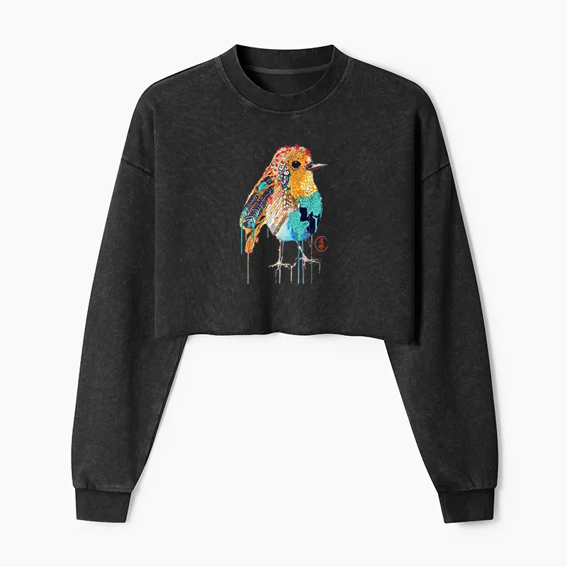 Tokyo-Tiger Sparkly Wild Bird Washed Crop Sweatshirt