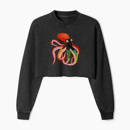 Tokyo-Tiger Colorful Octopus Art Washed Crop Sweatshirt