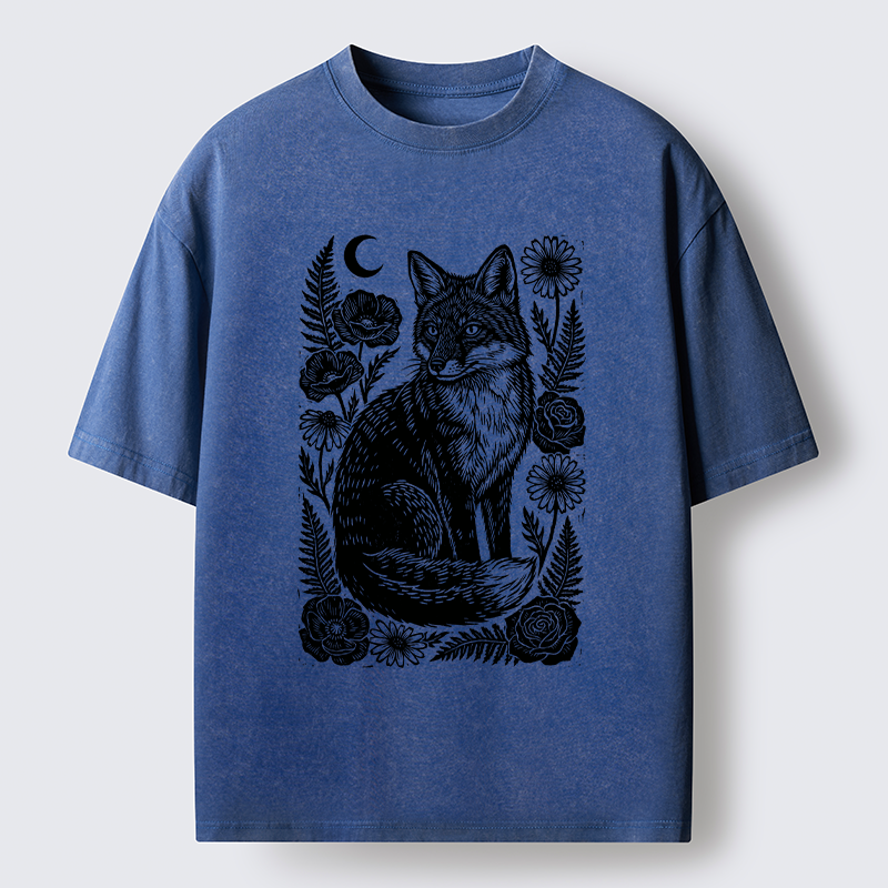 Tokyo‑Tiger Wild Fox Floral Vibe Washed T‑Shirt