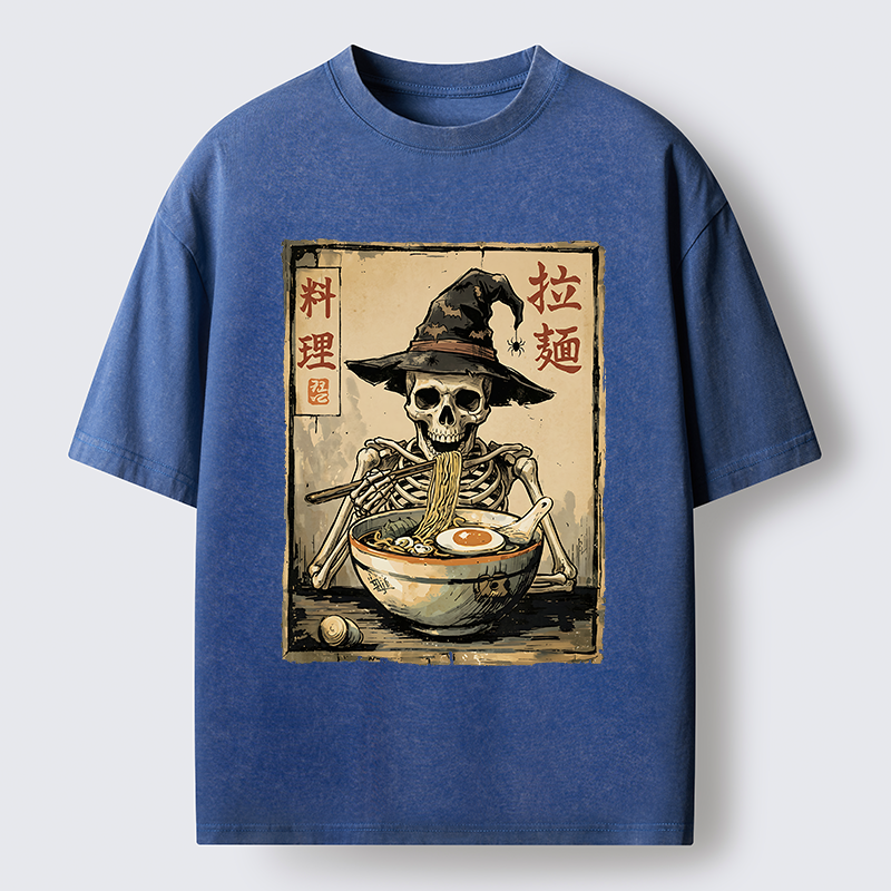 Tokyo‑Tiger Skeleton Ramen Meme Washed T‑Shirt
