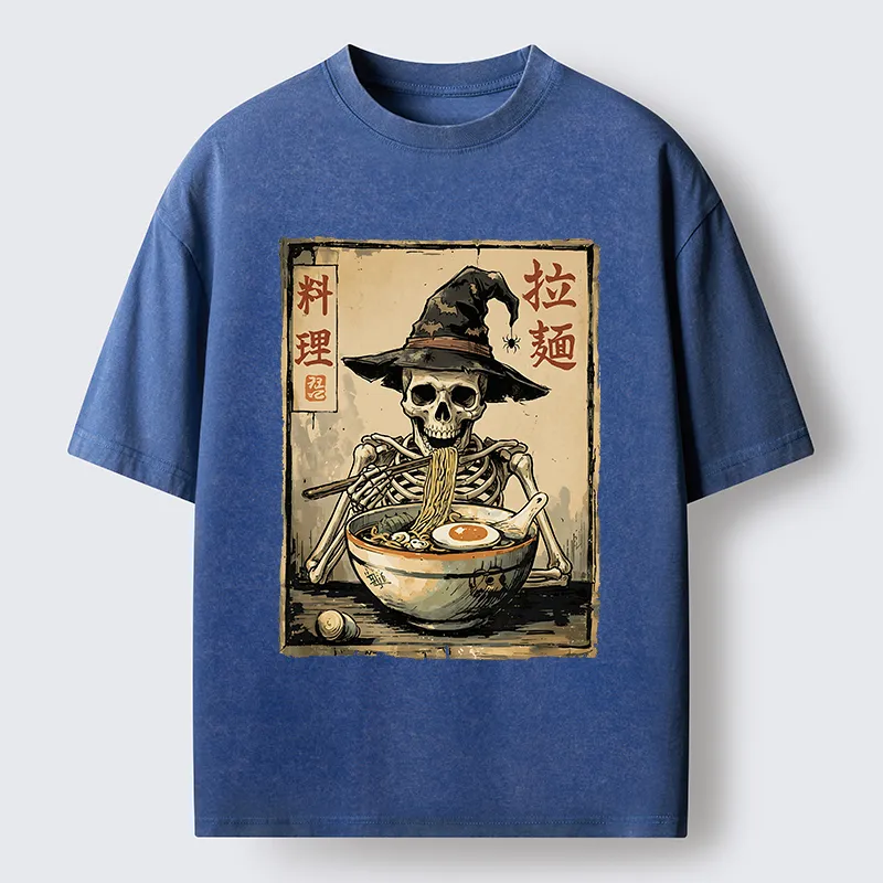 Tokyo‑Tiger Skeleton Ramen Meme Washed T‑Shirt