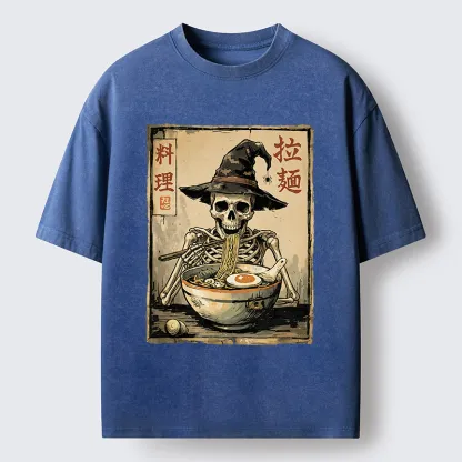 Tokyo‑Tiger Skeleton Ramen Meme Washed T‑Shirt